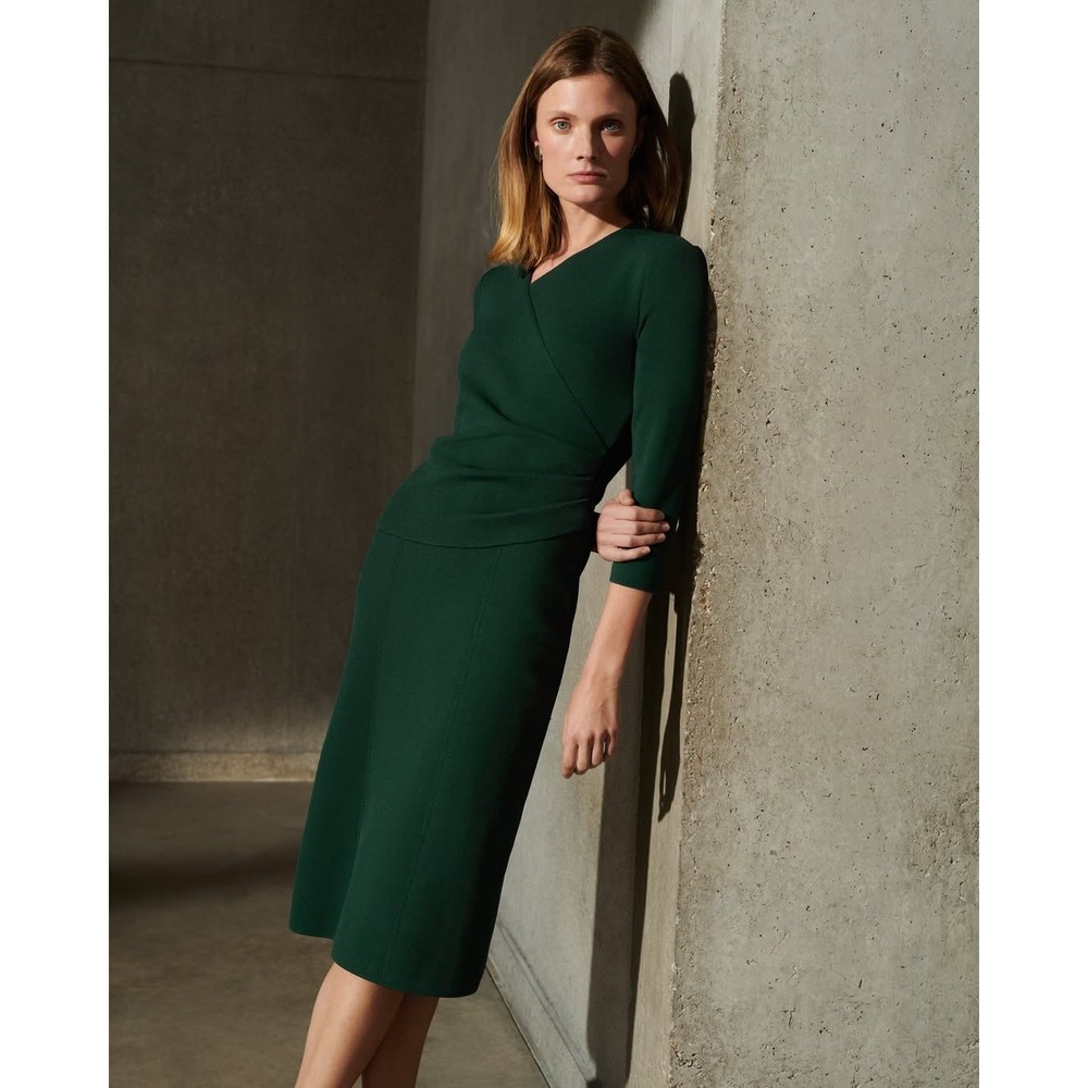 The Fold Valerio Forest Green Sculpt Knit Wrap V-Neck Long Sleeve Dress Size 2